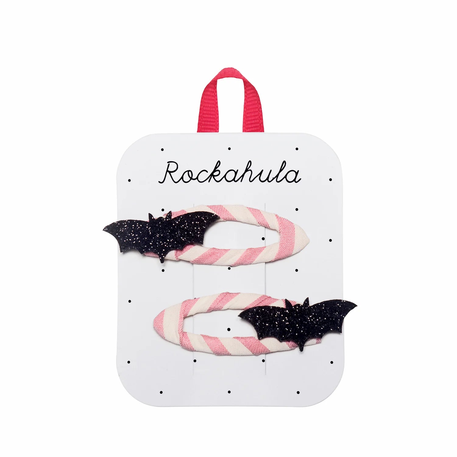 Fermagli Rockahula Glitter Bat Clips con pipistrelli neri su clip rosa a righe