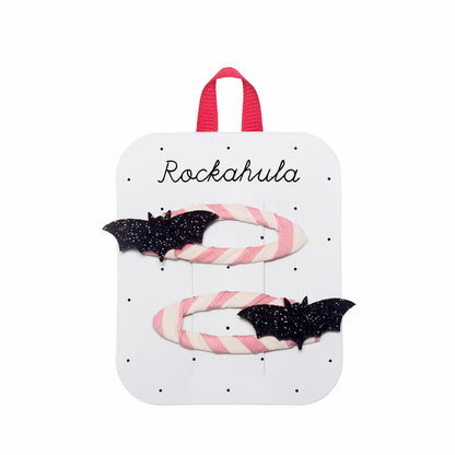 Fermagli Rockahula Glitter Bat Clips con pipistrelli neri su clip rosa a righe