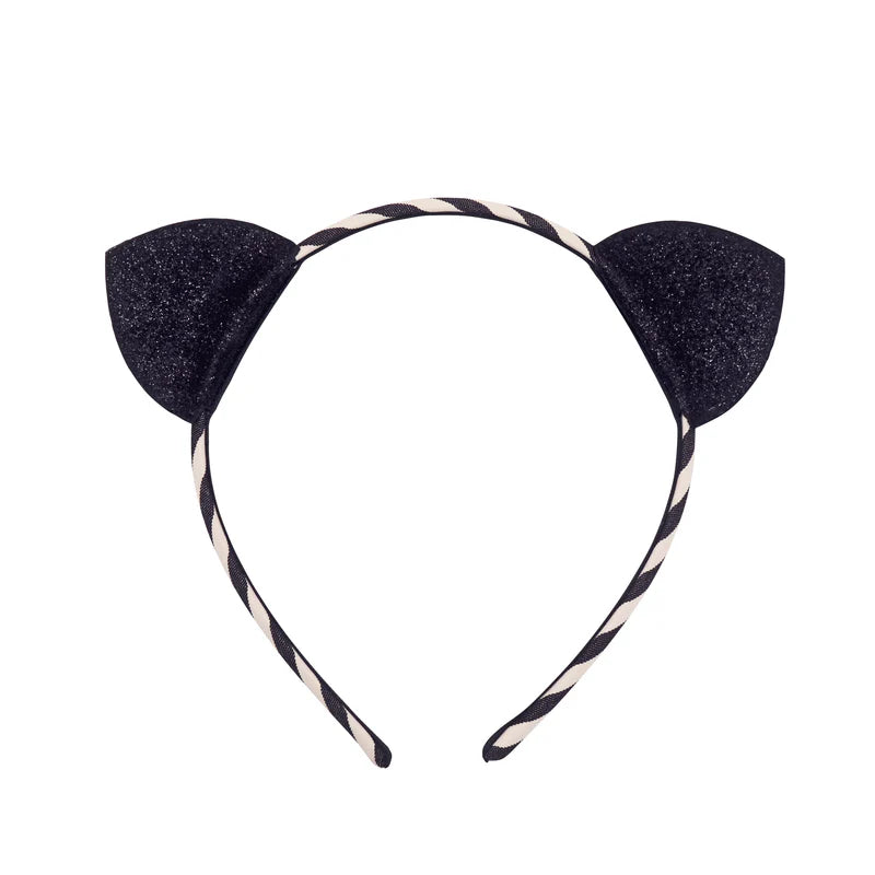 Cerchietto Rockahula con orecchie da gatto glitterate su fascia a righe bianche e nere