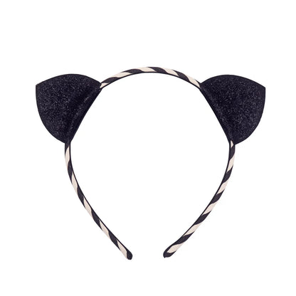 Cerchietto Rockahula con orecchie da gatto glitterate su fascia a righe bianche e nere