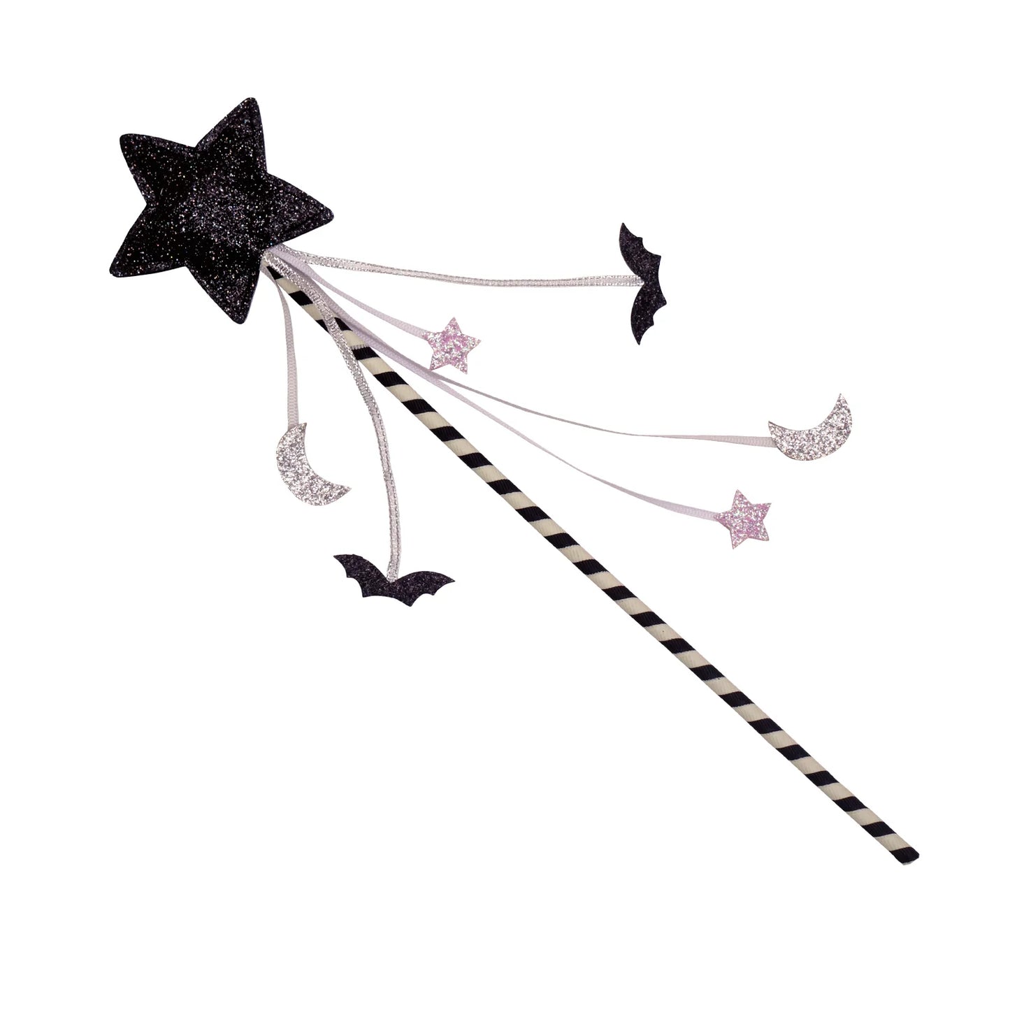 Bacchetta Rockahula Halloween nera con stelle, lune e pipistrelli glitterati