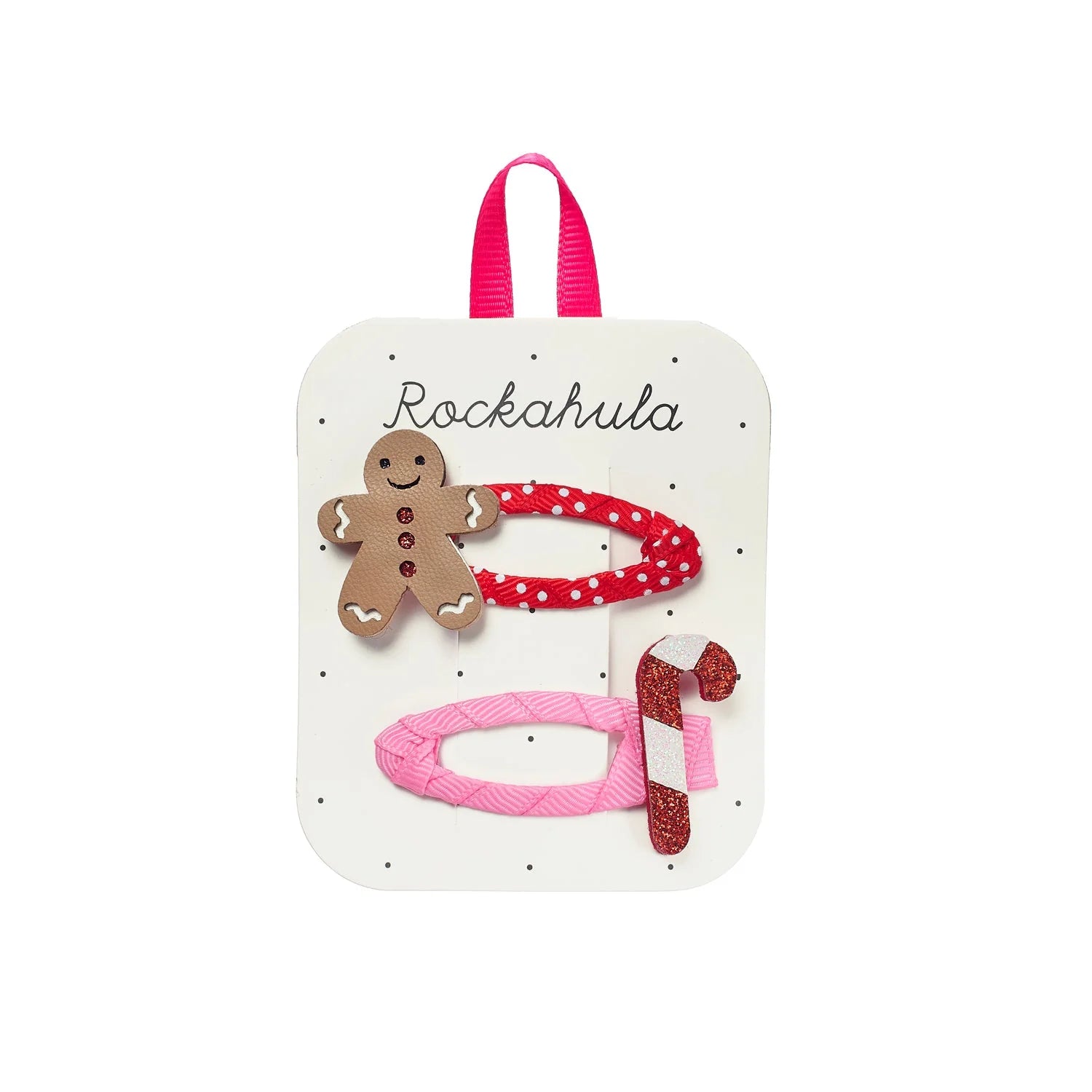 Mollette Rockahula con omino pan di zenzero e bastoncino di zucchero natalizio su clip rosse e rosa