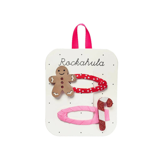 Mollette Rockahula con omino pan di zenzero e bastoncino di zucchero natalizio su clip rosse e rosa