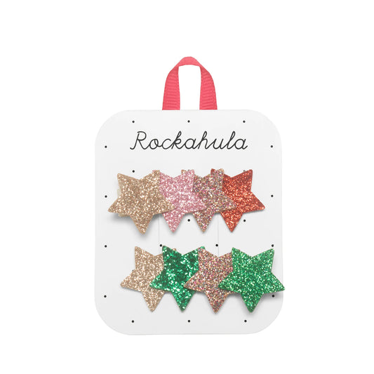 Mollette Rockahula con stelle glitterate colorate su clip rivestite in nastro gros-grain