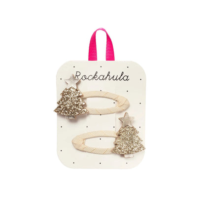 Mollette Rockahula con alberi di Natale glitterati e stellina dorata su clip rosse e crema