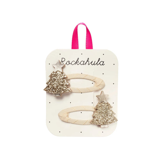 Mollette Rockahula con alberi di Natale glitterati e stellina dorata su clip rosse e crema