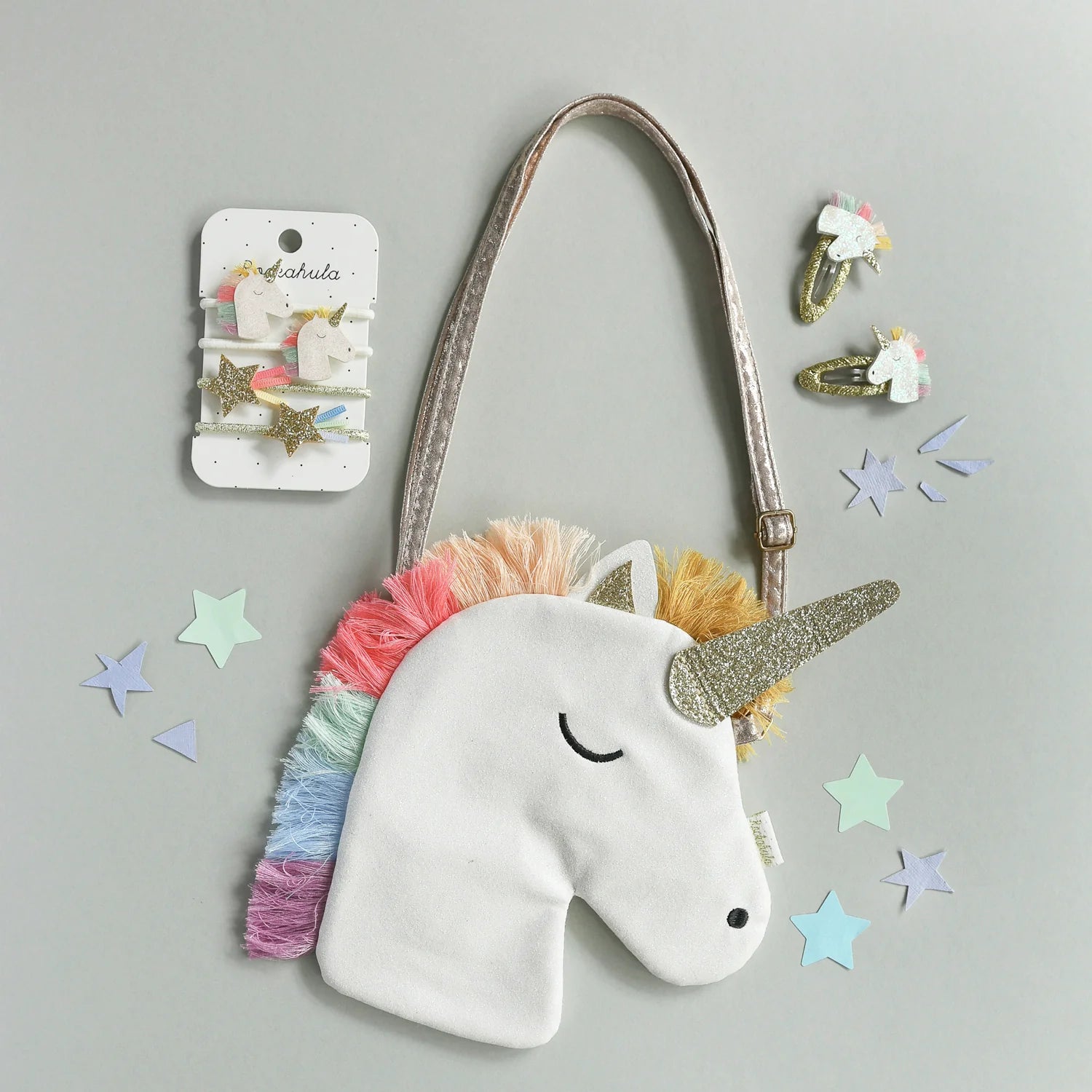 Mollette. elastici per capelli e borsa tema unicorno di Rockahula, perfetti dai 3 anni