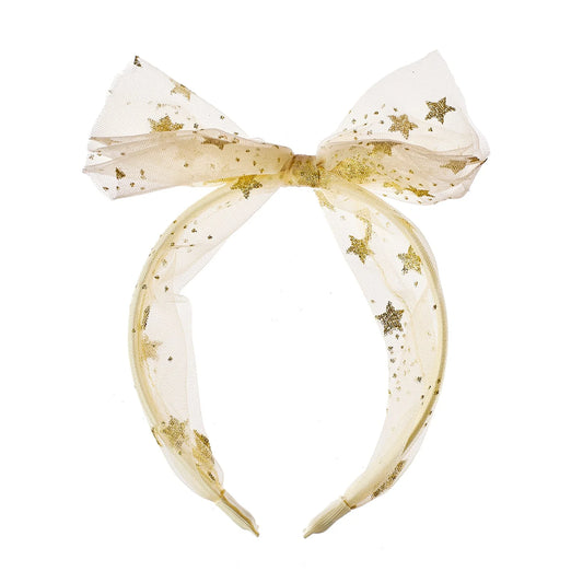 cerchietto Rockahula Starry Tulle con fiocco e stelle dorate su sfondo bianco