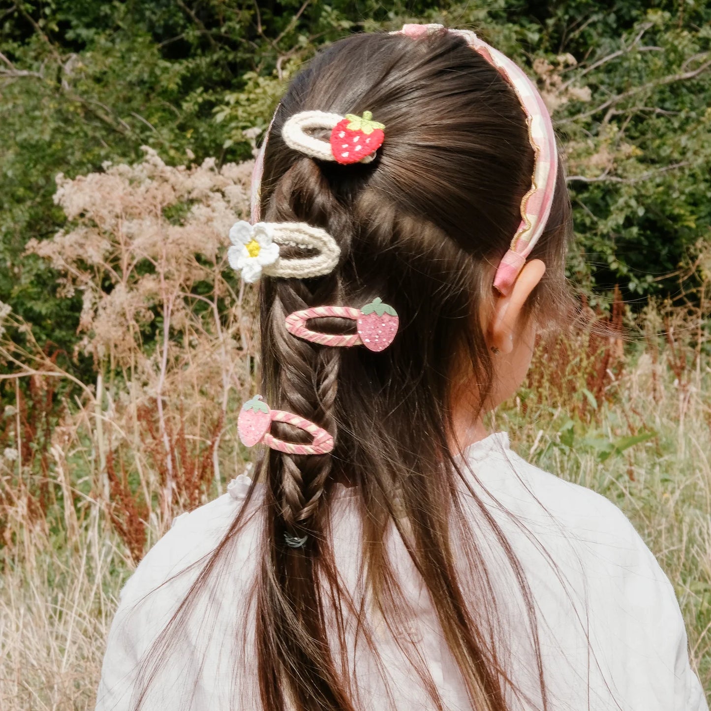 Clip capelli Rockahula Strawberry Fields con nastro rosa gingham e fragoline