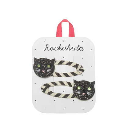 Fermagli Rockahula Stripy Cat Clips con gatti neri glitterati su clip a righe