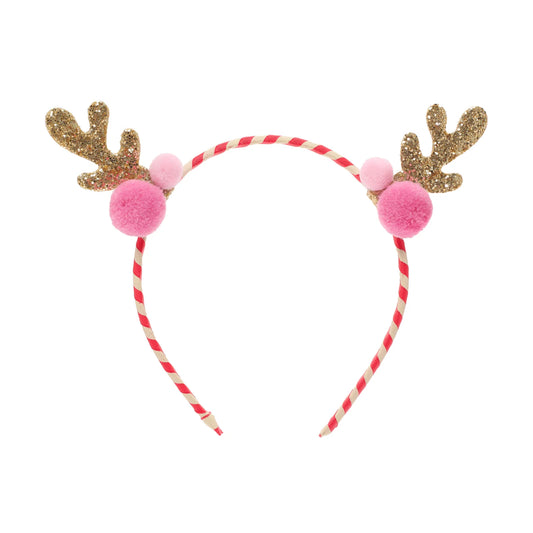 Cerchietto Rockahula con orecchie da renna glitterate e pom pom rosa su fascia a righe
