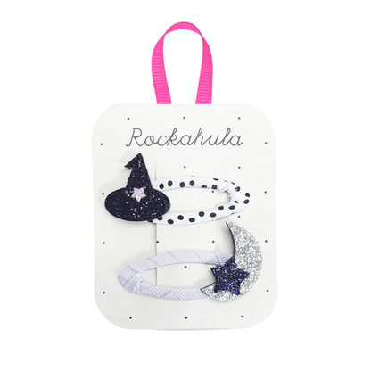 Fermagli Rockahula Witching Hour con cappello da strega nero e luna argentata su clip a scatto
