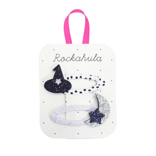 Fermagli Rockahula Witching Hour con cappello da strega nero e luna argentata su clip a scatto