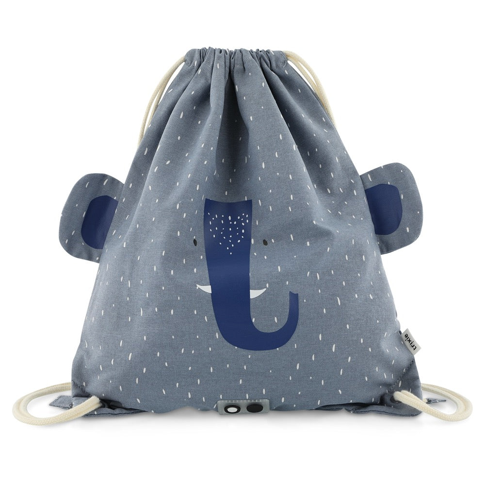 Vista frontale della sacca Trixie Mr. Elephant per bambini, con orecchie flosce e chiusura a coulisse