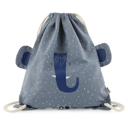 Vista frontale della sacca Trixie Mr. Elephant per bambini, con orecchie flosce e chiusura a coulisse