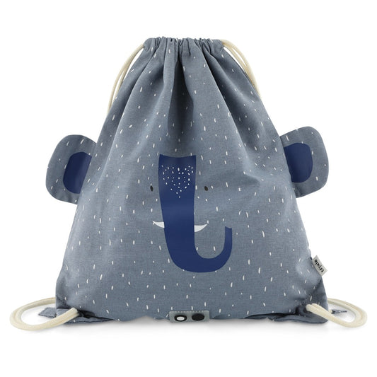 Vista frontale della sacca Trixie Mr. Elephant per bambini, con orecchie flosce e chiusura a coulisse