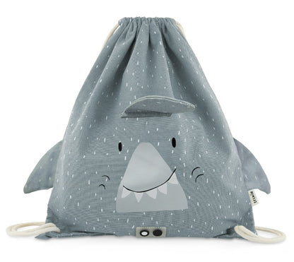 Vista frontale della sacca Trixie Mr. Shark per bambini, ideale per asilo o palestra