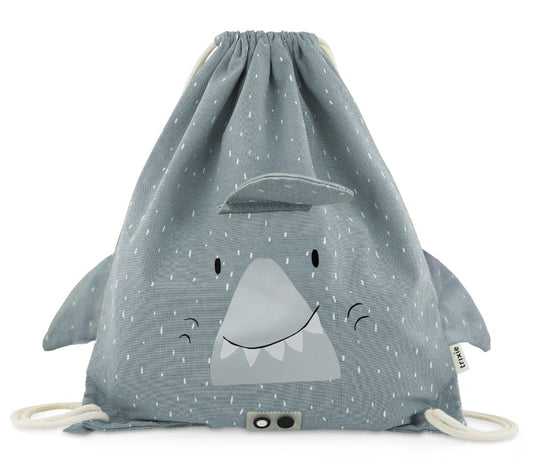 Vista frontale della sacca Trixie Mr. Shark per bambini, ideale per asilo o palestra