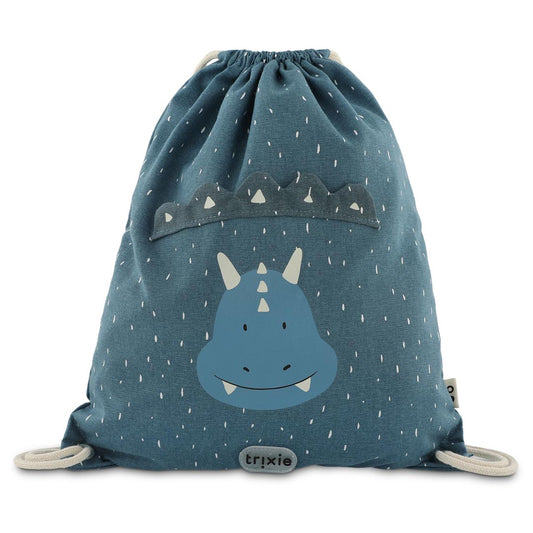 Vista frontale della sacca Trixie Mr. Triceratopo per bambini, con orecchie flosce e chiusura a coulisse