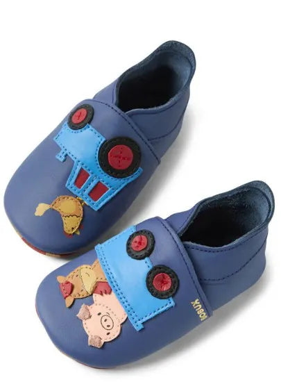 Bobux Soft Sole Rusty Ride Blue Indigo scarpine primi passi con trattore e animali
