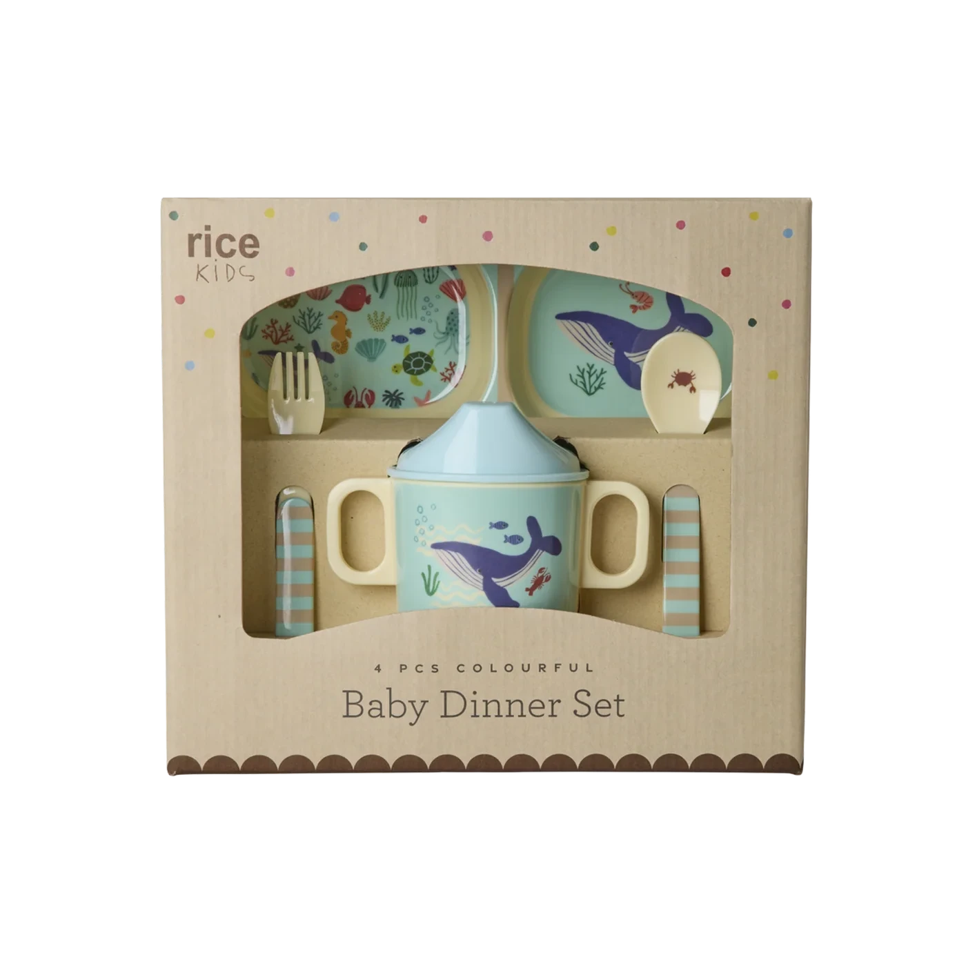 Set pappa bambino RICE Blue Ocean con piatto tazza e posate