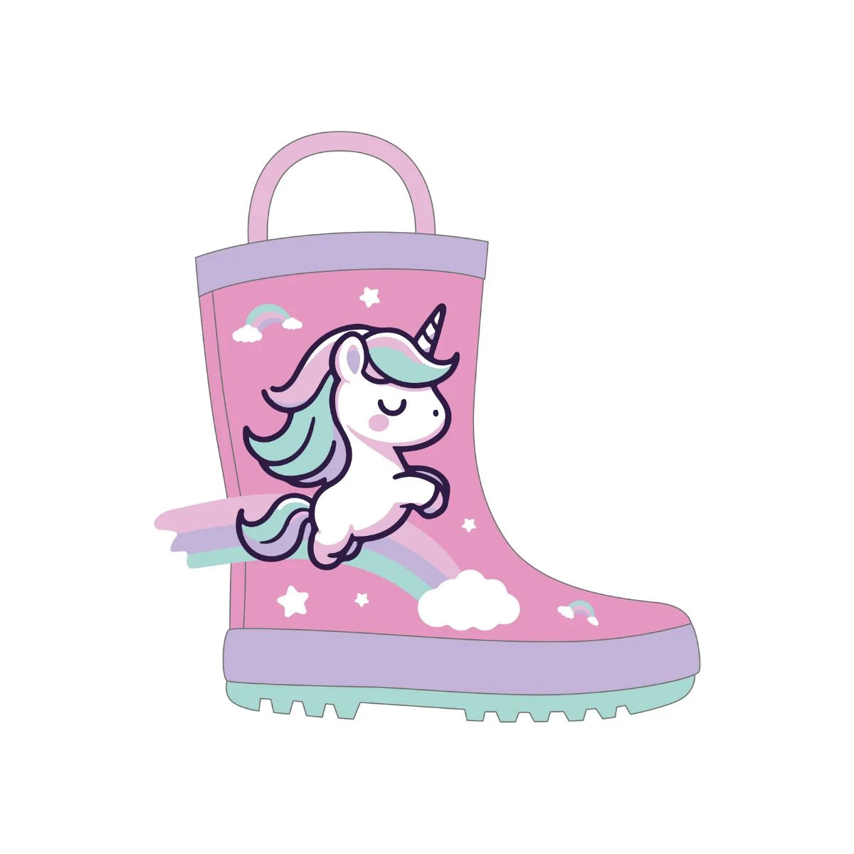 Stivaletti antipioggia Mr Tiggle rosa con unicorno, arcobaleno e maniglie laterali in gomma naturale.