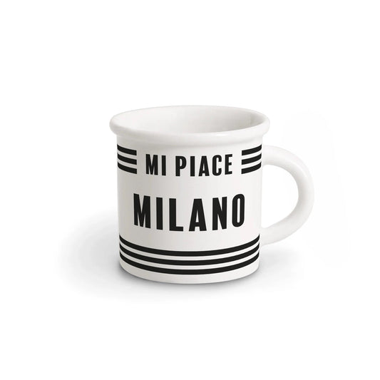 Tazza in porcellana bianca con scritta “Mi Piace Milano”, Cities Collection di Ilaria I, realizzata in Italia.