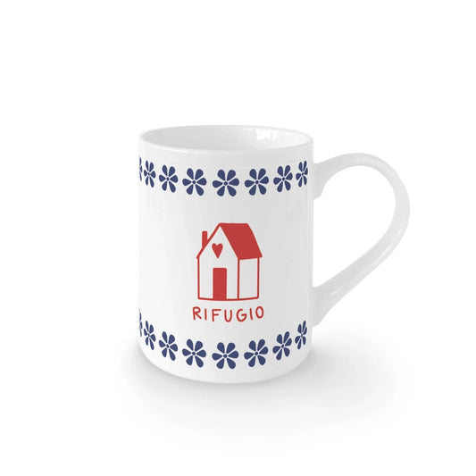 Tazza in porcellana con disegno casetta e scritta “Rifugio”, Collezione Winter, Made in Italy.