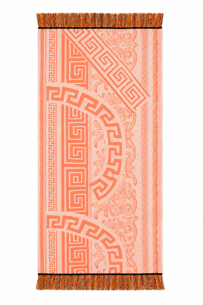 Telo Mare Aelia Anna Crazy Meandros Coral  – 100% Cotone Leggero con frangia arancione