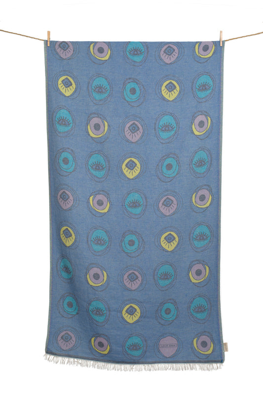 Telo mare Aelia Anna Beauty blu con motivo occhi in cotone leggero 90x180 cm ideale per viaggio e spiaggia