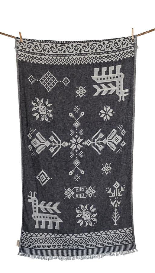 Telo mare Aelia Anna nero in cotone leggero stile hamam con motivi greci