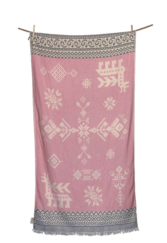Telo mare Aelia Anna rosa e anthracite in cotone leggero stile hamam 90x180 cm