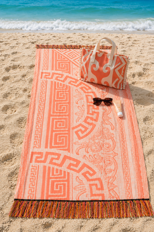 Telo Mare Aelia Anna Crazy Meandros Coral  – 100% Cotone Leggero con frangia arancione