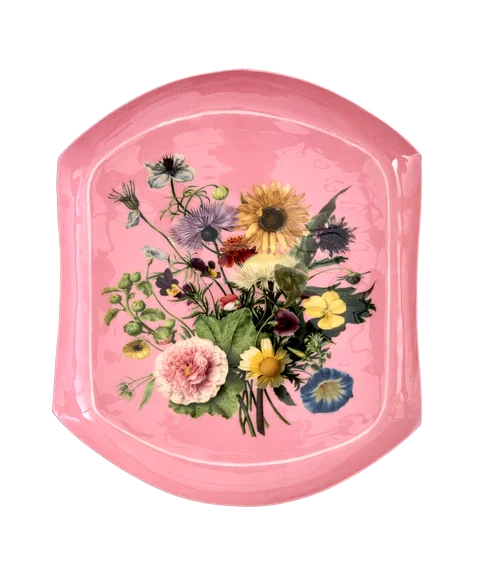 Vassoio decorativo in metallo RICE Pretty Pink con bouquet di fiori, ideale come svuotatasche, porta gioielli e complemento d'arredo.
