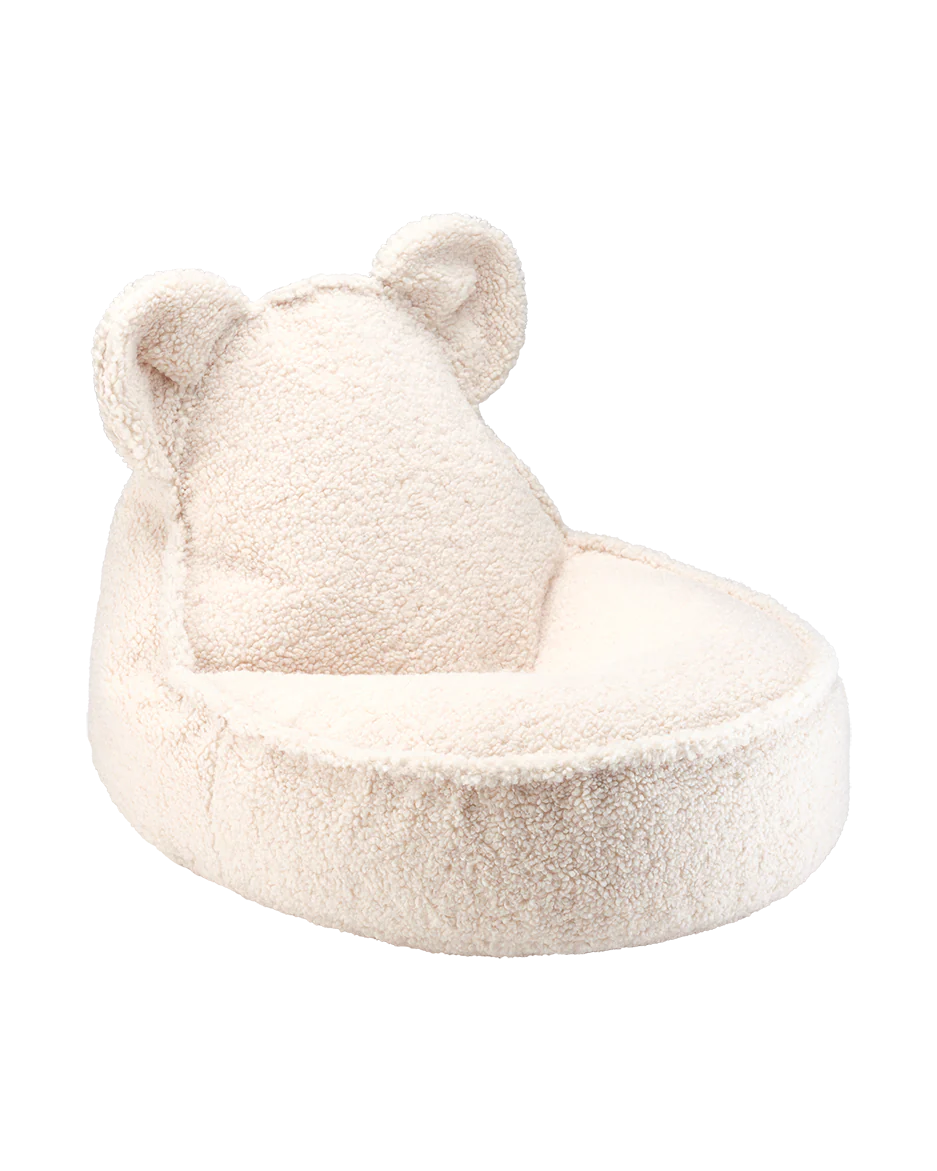 Poltrona Wigiwama per bambini color crema con orecchie da orsetto, disponibile anche con pouf coordinato