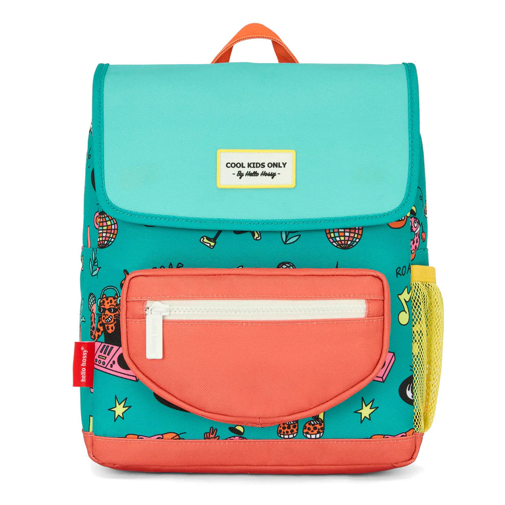 Zaino Hello Hossy Disco Roar per bambini disponibile nelle misure 2-5 anni e 6+ anni in poliestere riciclato impermeabile.