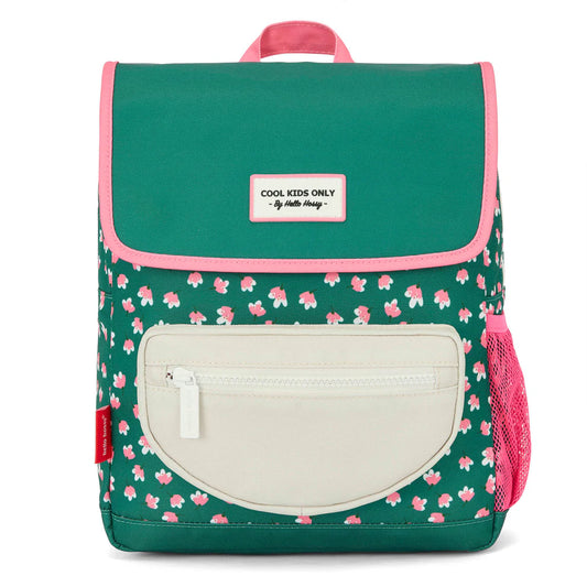Zaino Hello Hossy Garden Joy con fantasia floreale disponibile nelle misure 2-5 anni e 6+ anni in poliestere riciclato impermeabile.