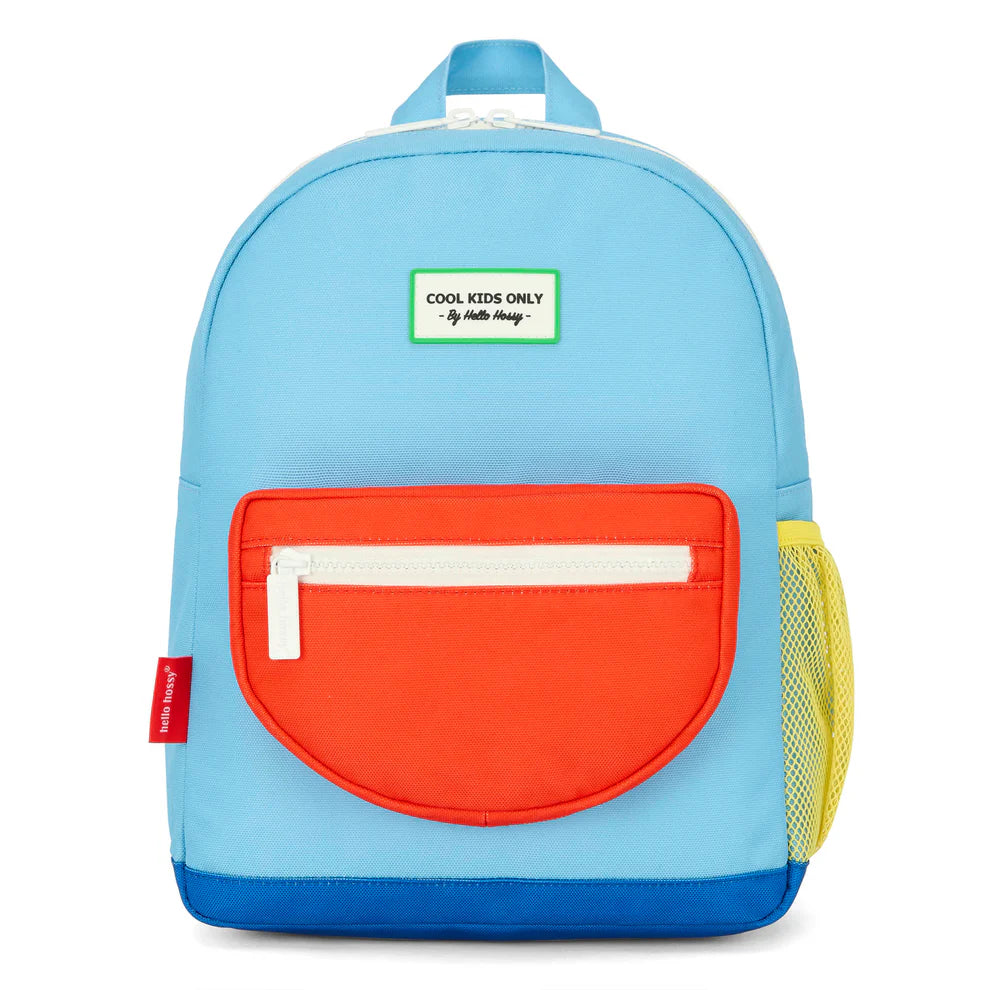 Zaino bambino Hello Hossy Sky Pop color azzurro e corallo, disponibile nelle misure 2-5 anni e 6+ anni, ideale per asilo e scuola primaria.
