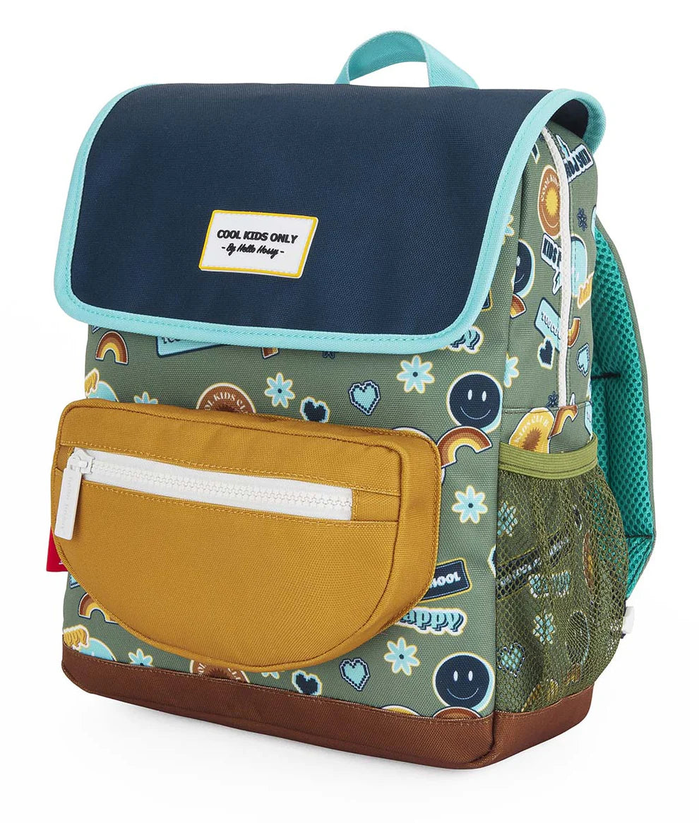 Zaino bambino Hello Hossy Smiley con faccine sorridenti e arcobaleni, disponibile nelle misure 2-5 anni e 6+ anni per asilo e scuola primaria.