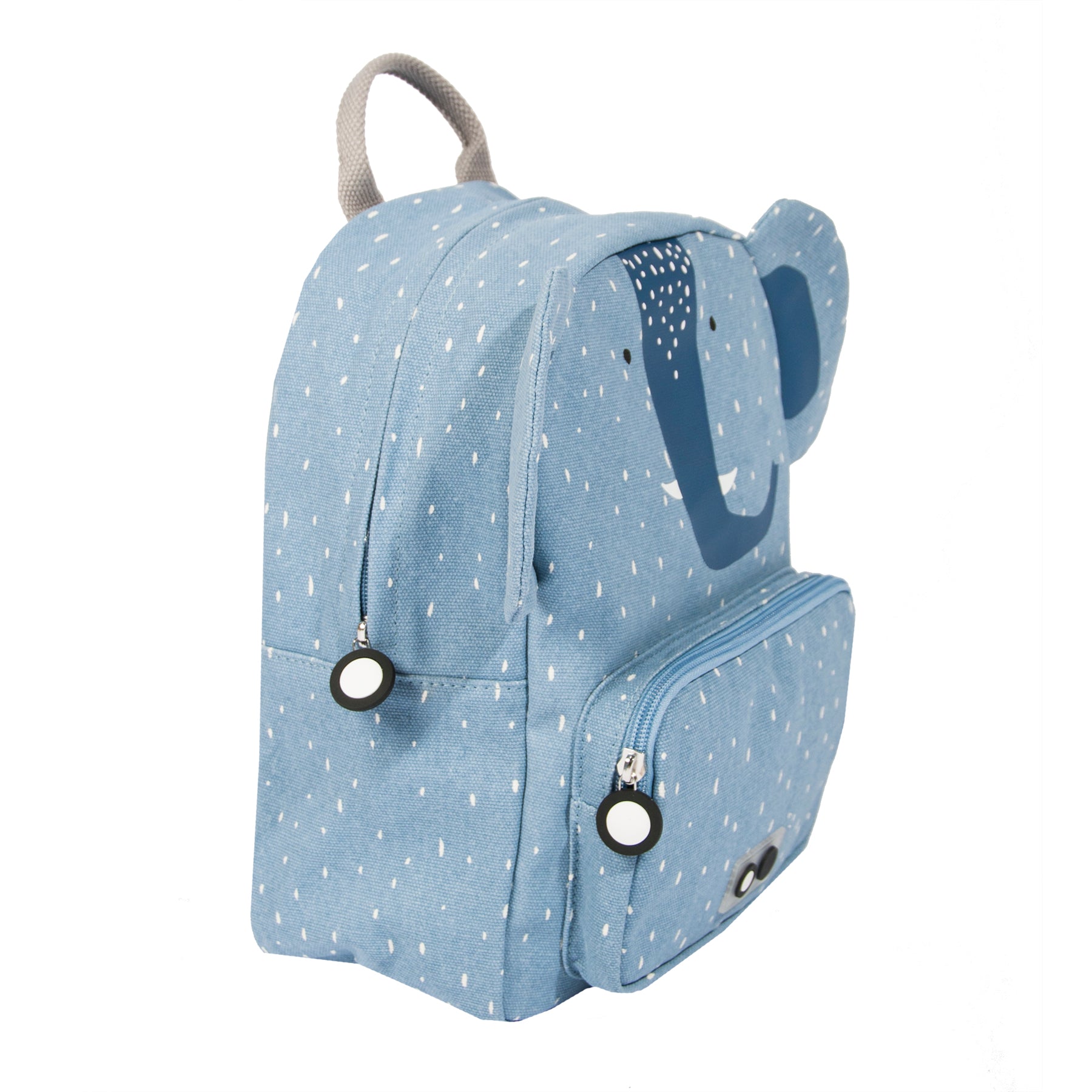 Vista laterale dello zaino Trixie Mr. Elephant con forma compatta e dettagli in cotone