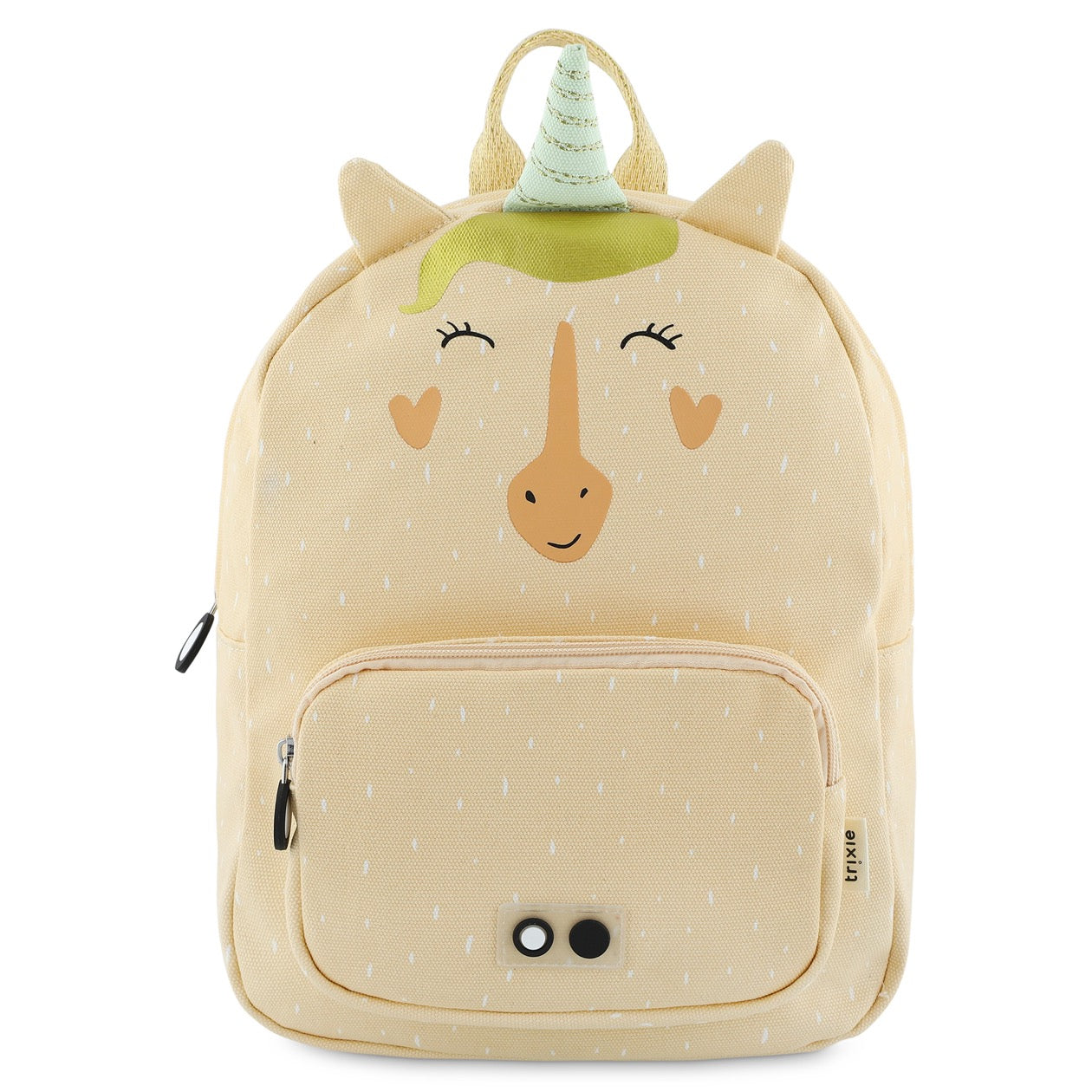 Vista frontale dello zaino Trixie Mrs. Unicorno con tasca e dettagli ricamati