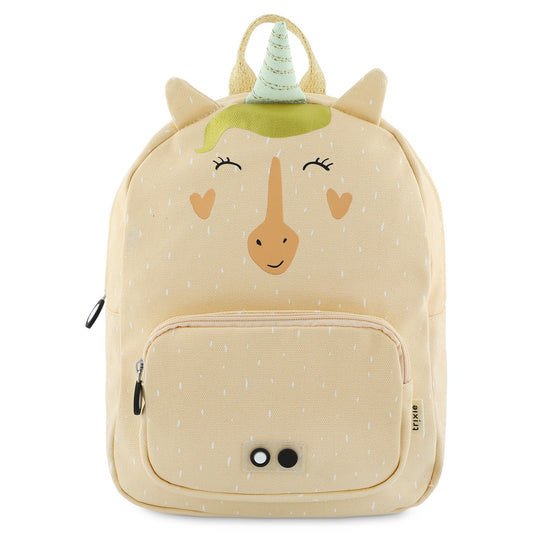 Vista frontale dello zaino Trixie Mrs. Unicorno con tasca e dettagli ricamati