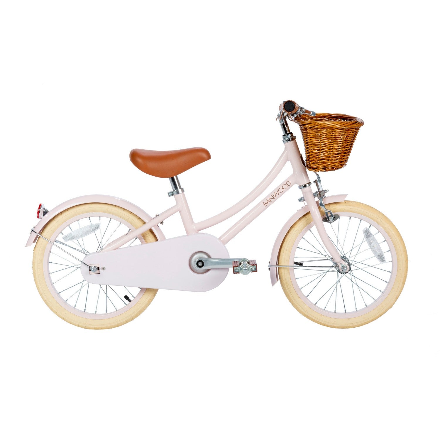 Vista laterale della bicicletta Banwood 16 pollici in rosa, con rotelle e parafango
