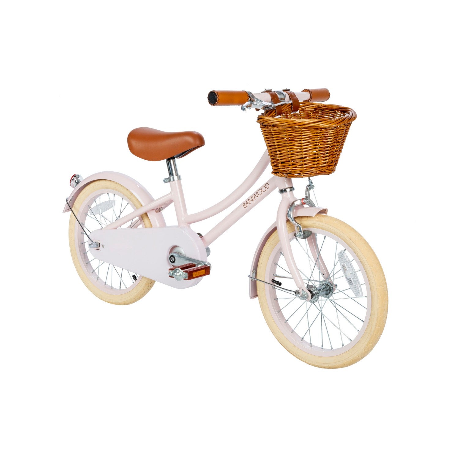 Bicicletta rosa Banwood per bambini, vista angolata con rotelle e cestino