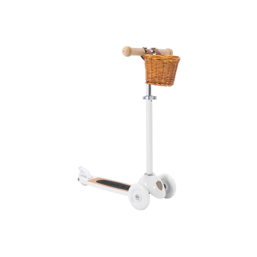Monopattino rosa Banwood con manubrio regolabile e cestino in vimini, perfetto per bambini dai 3 anni in su
