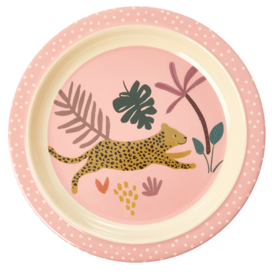 Piatto piano Rice in melamina fantasia Giungla Rosa con animali, su sfondo bianco