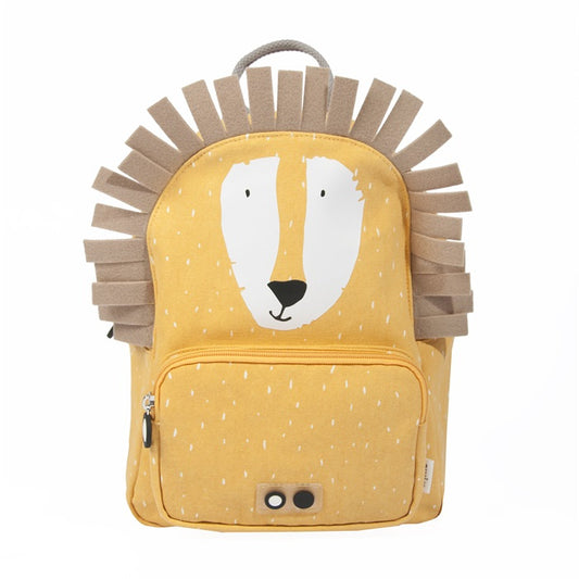 Vista frontale dello zaino Trixie Mr. Leone per bambini, con tasca e dettagli ricamati